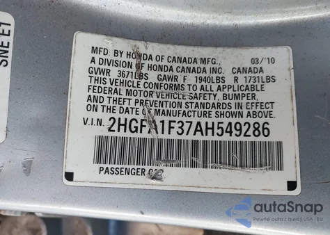 2010 Honda Civic Vp z USA, uszkodzony, nr VIN 2HGFA1F37AH549286